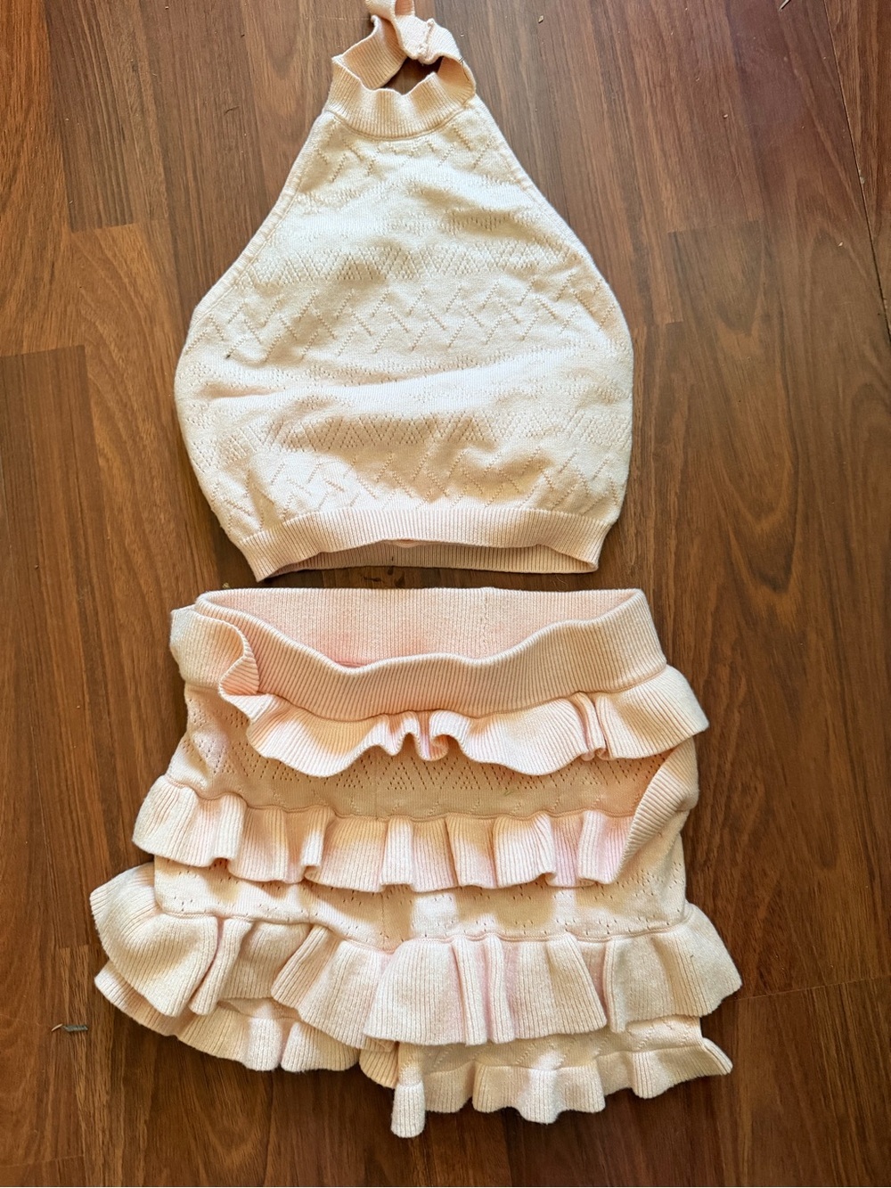 Fashion Nova Peach Knit Halter Crop & Ruffle Skirt Set